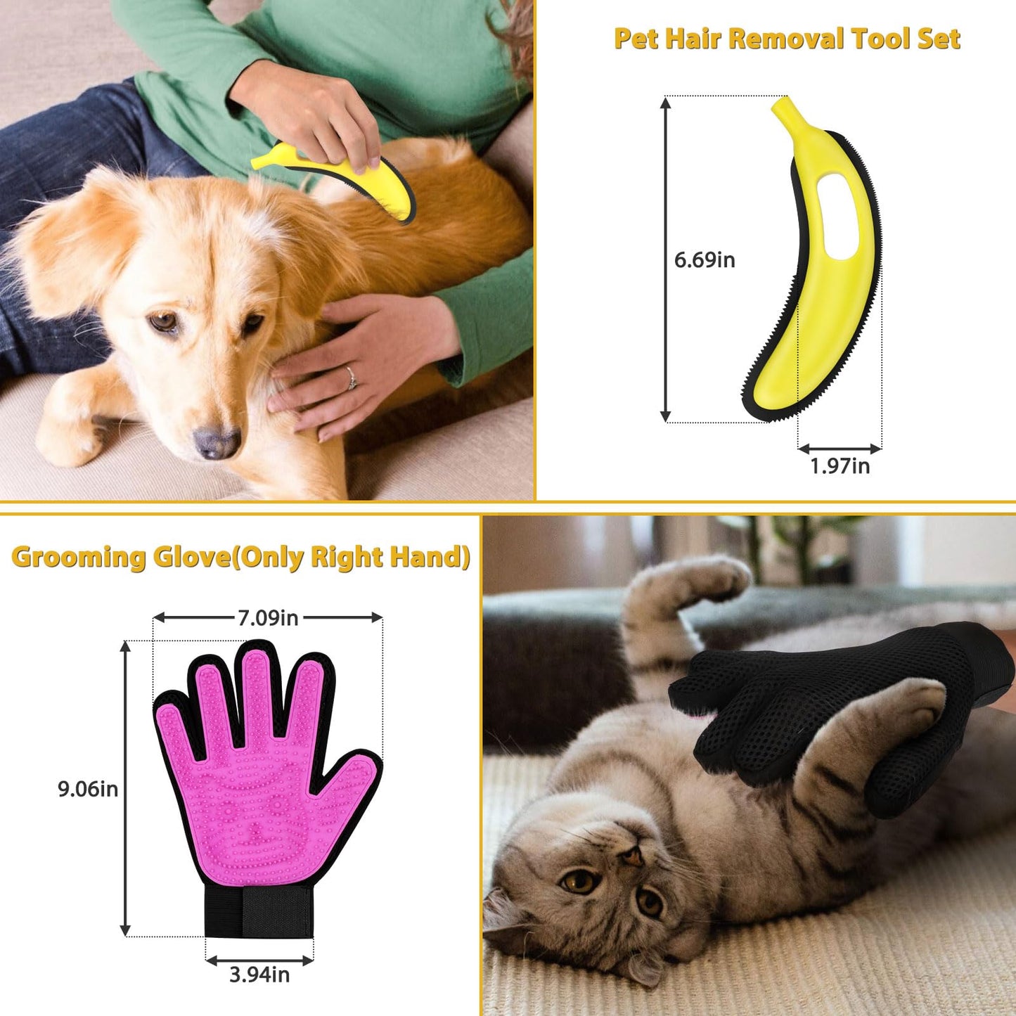 Nrefpun 2-Pack Pet Hair Remover - Banana Cat Dog Hair Remover with Efficient Pet Grooming Gloves|Gentle Bathing Shedding Brush Dog Glove|Reusable Pet Hair Removal Tool for Carpet Couch Cat Fur & Lint